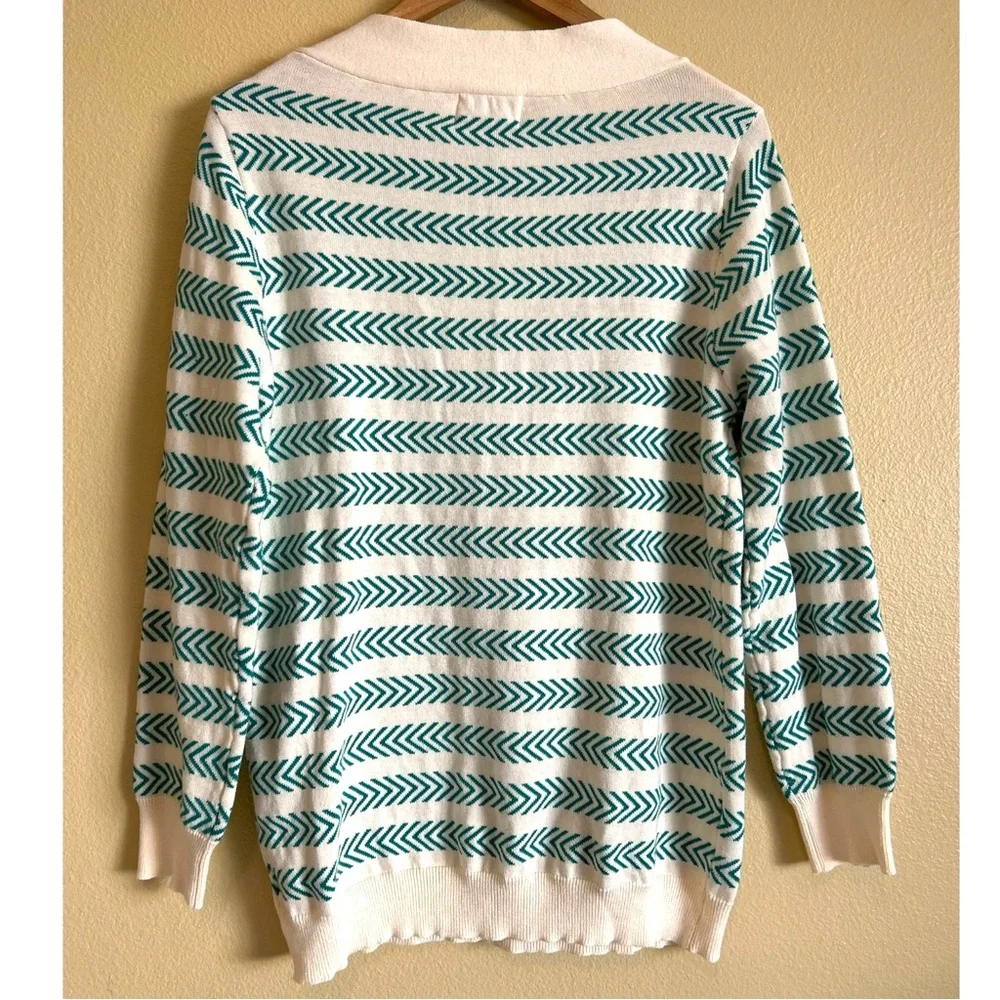Oxknit Sweater Women’s XL 60s Retro Geo Mod Style Cotton Long Sleeve Teal Cream - Picture 3 of 16
